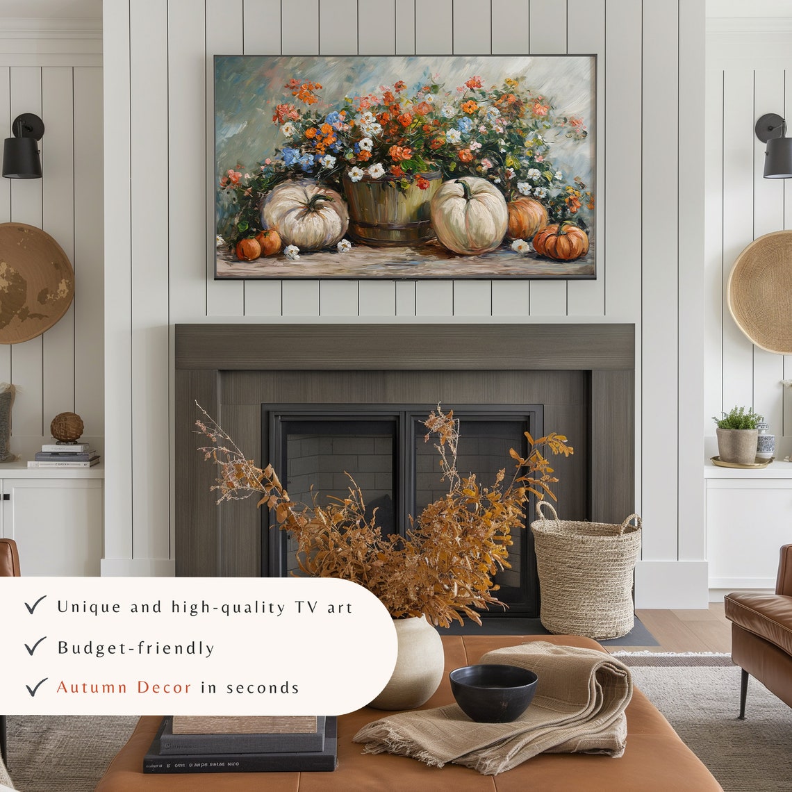 Fall Wildflowers Wooden Bucket White Pumpkins Moody Harvest Poster - Image 3