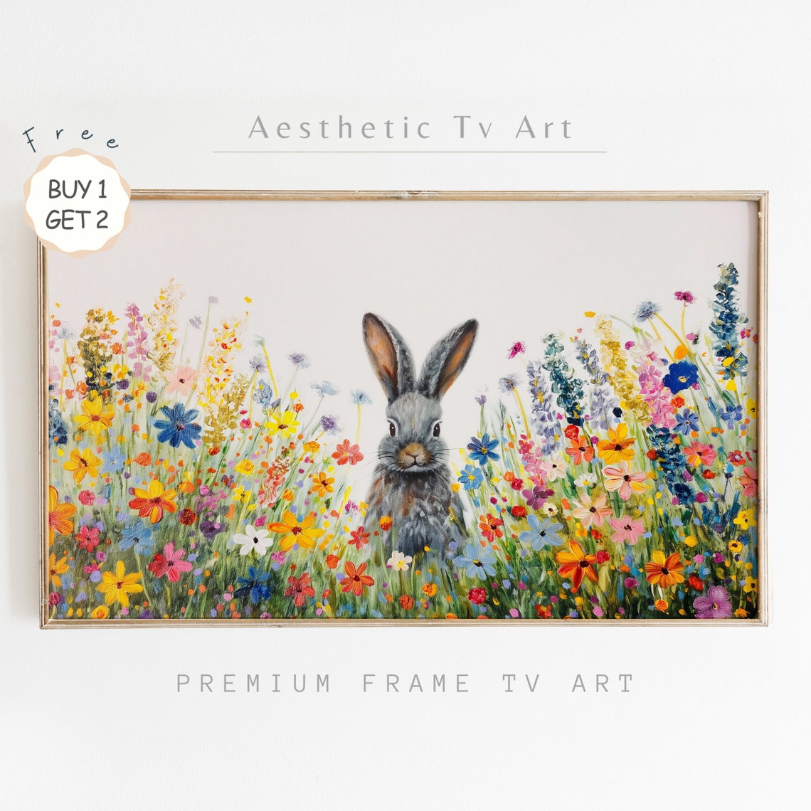 Grey Bunny Colorful Wildflower Meadow Spring Garden Art Poster