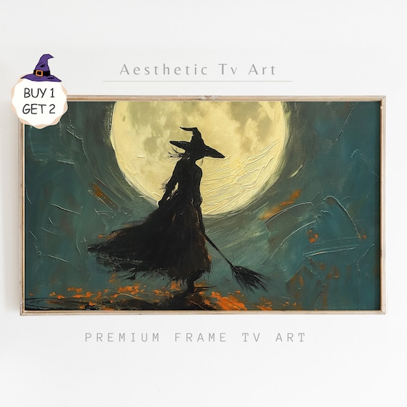 Witch Silhouette Full Moon Broom Textured Dark Teal Halloween Poster