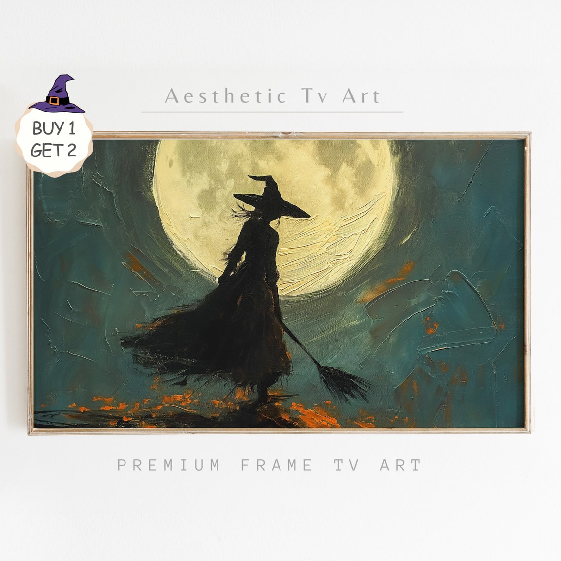 Witch Silhouette Full Moon Broom Textured Dark Teal Halloween Poster