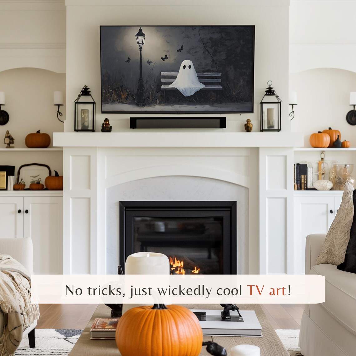 Ghost on Park Bench Night Street Lamp Butterflies Halloween TV Art - Image 2