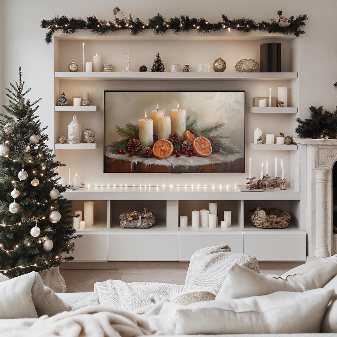 Vintage Christmas Candle Orange Pinecone Cranberry Still Life Poster