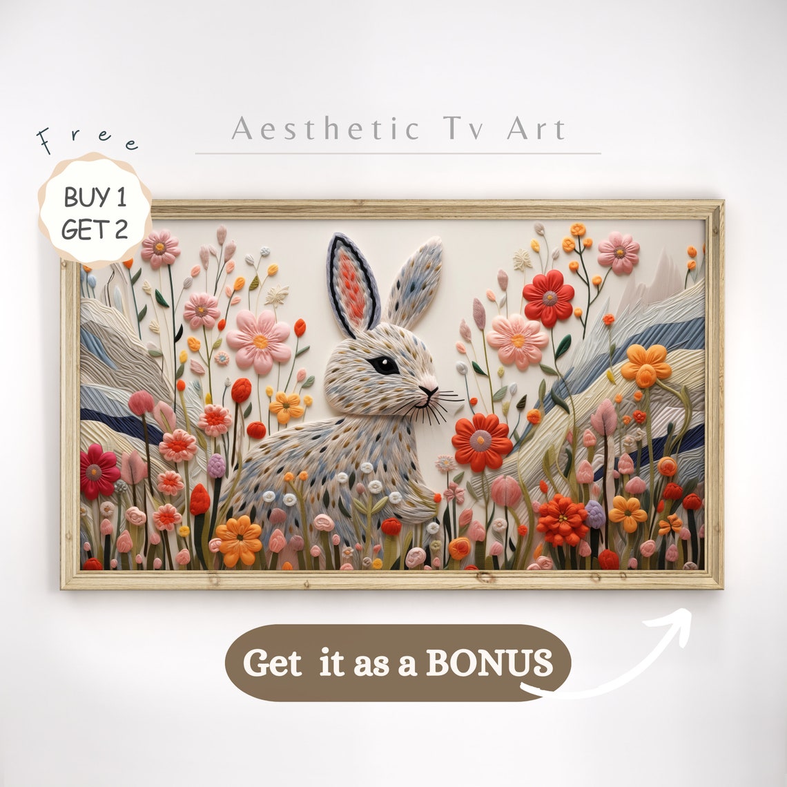 Easter Frame Tv Art Colourful Wildflowers Spring Frame Tv Art Embroidery Textured Cute Sheeps Art For Tv Frame Tv - Image 2
