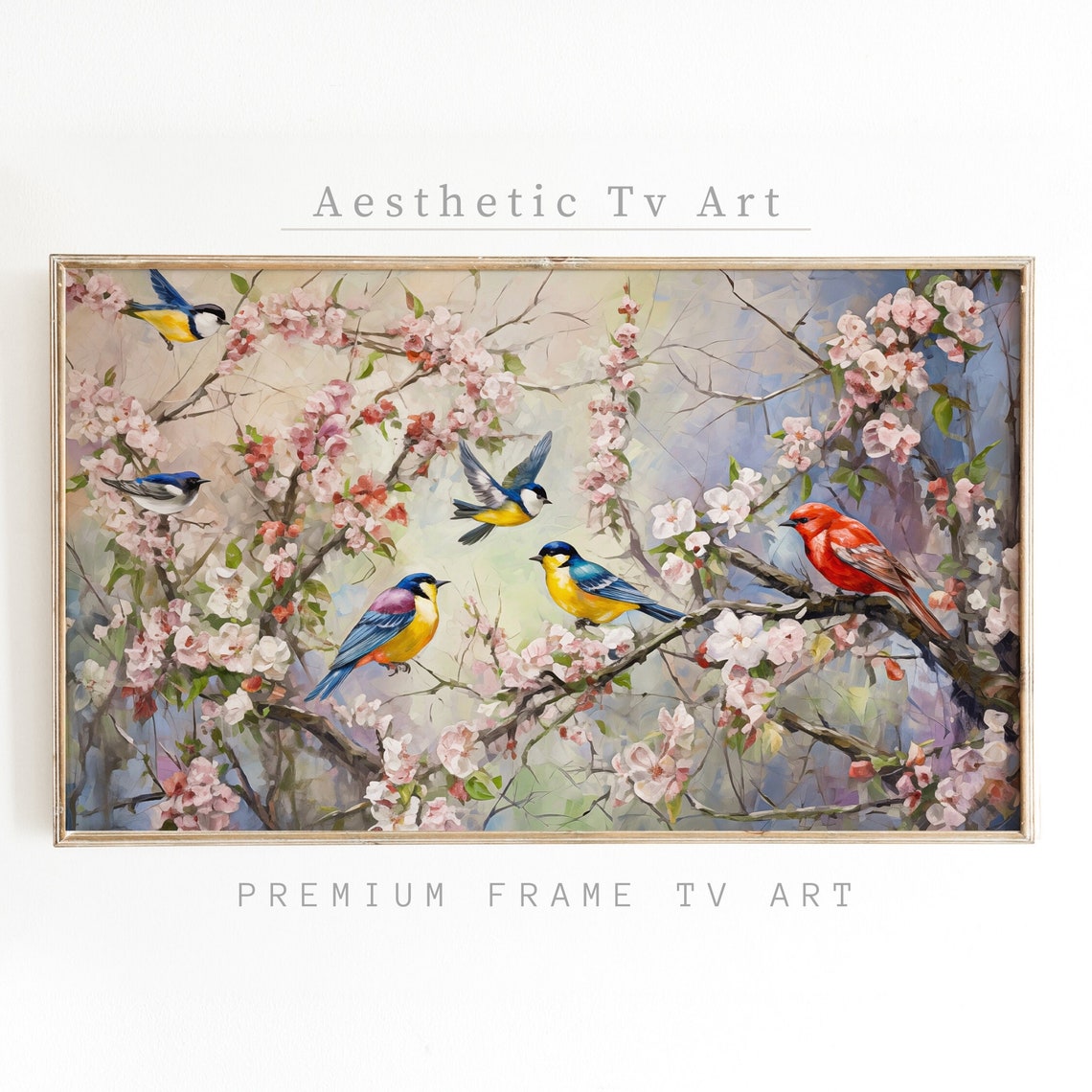 Colorful Songbirds Cherry Blossom Branches Spring Nature Wall Art