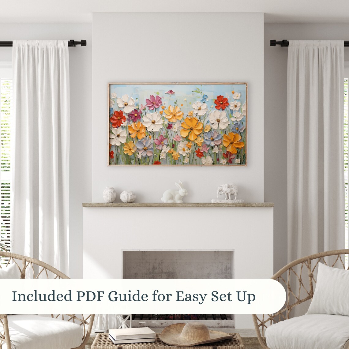 Colorful Impasto Wildflower Garden Blue Sky Oil Painting Poster - Image 2