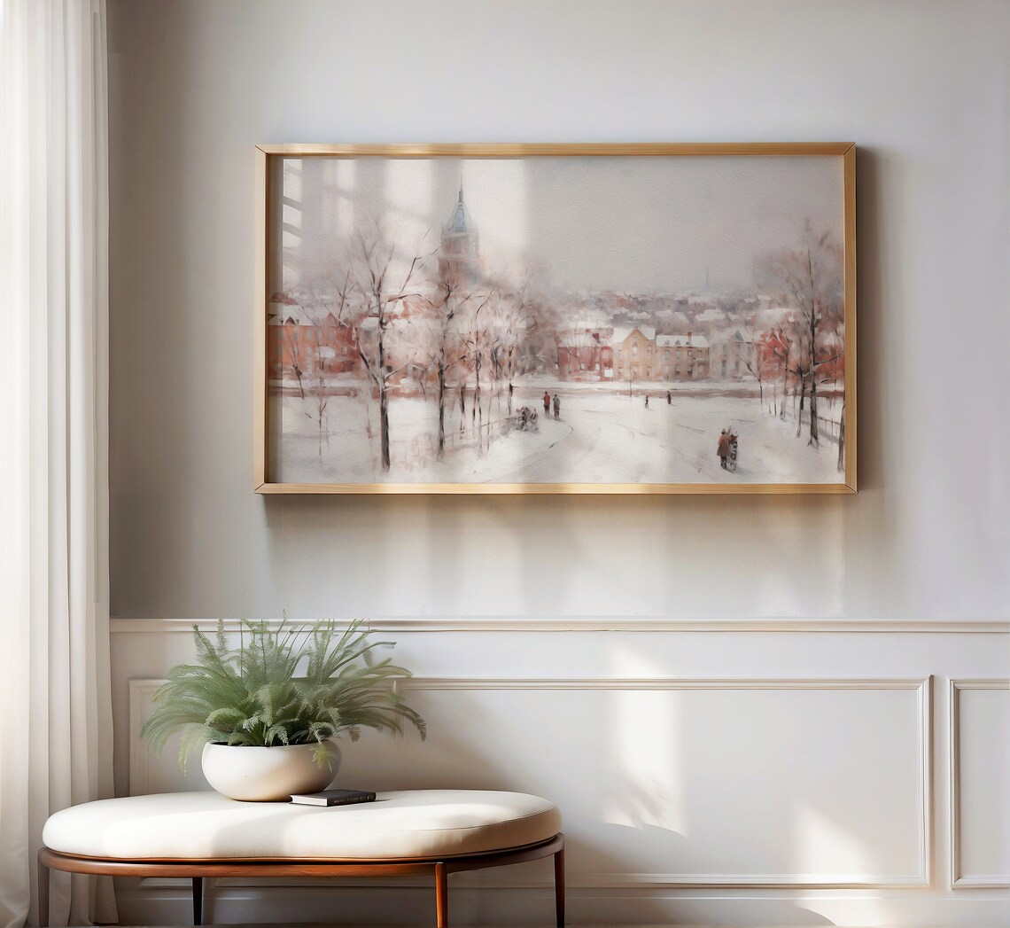 Snowy City Park Church Spire Winter Town Vintage Painting Wall Art - Image 2