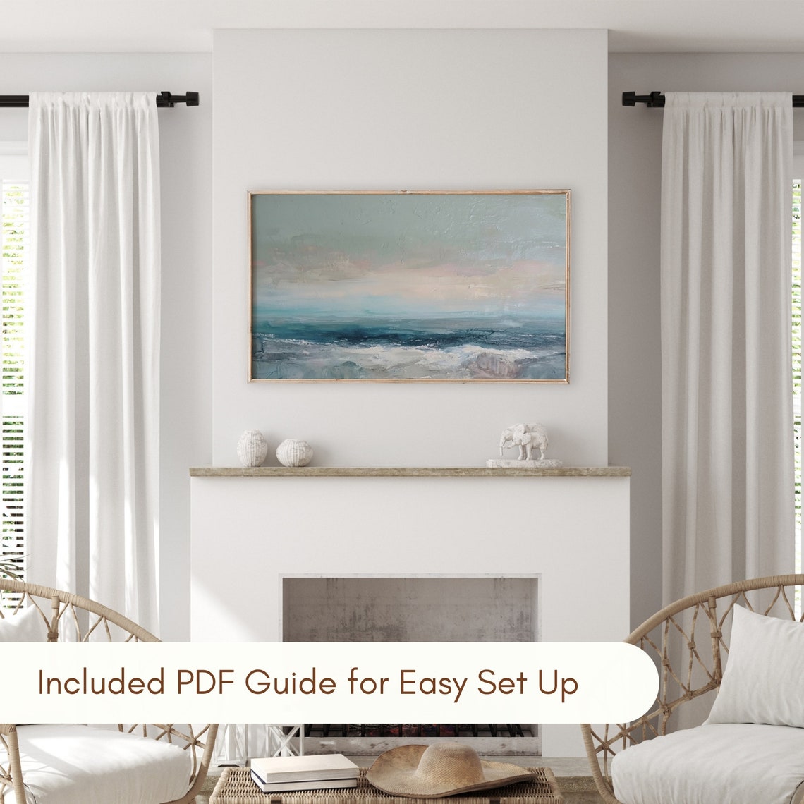Abstract Seascape Muted Teal Horizon Calm Coastal Oil Painting Art - Image 3