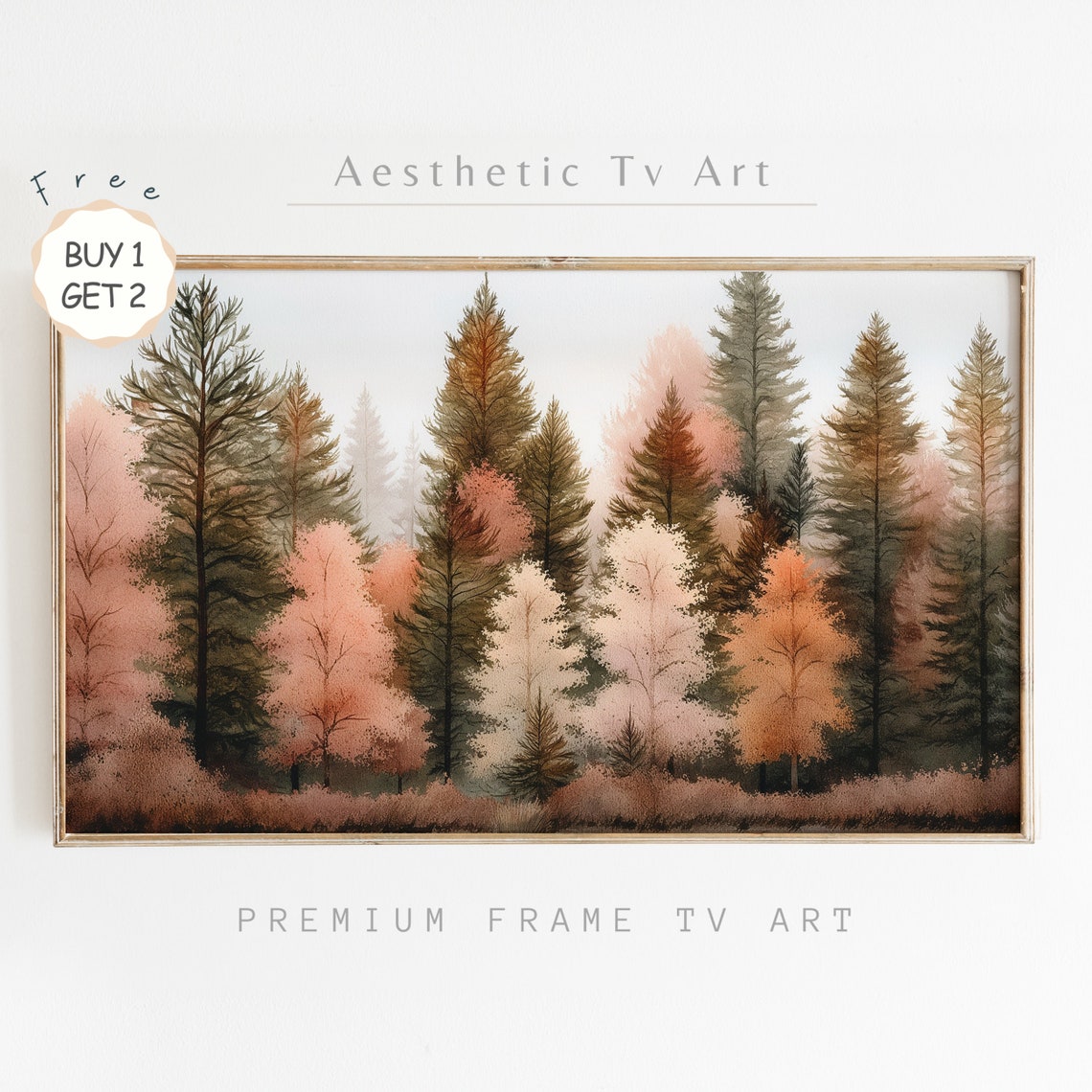 Blush Pink Pine Forest Watercolor Autumn Fall Wall Art Print