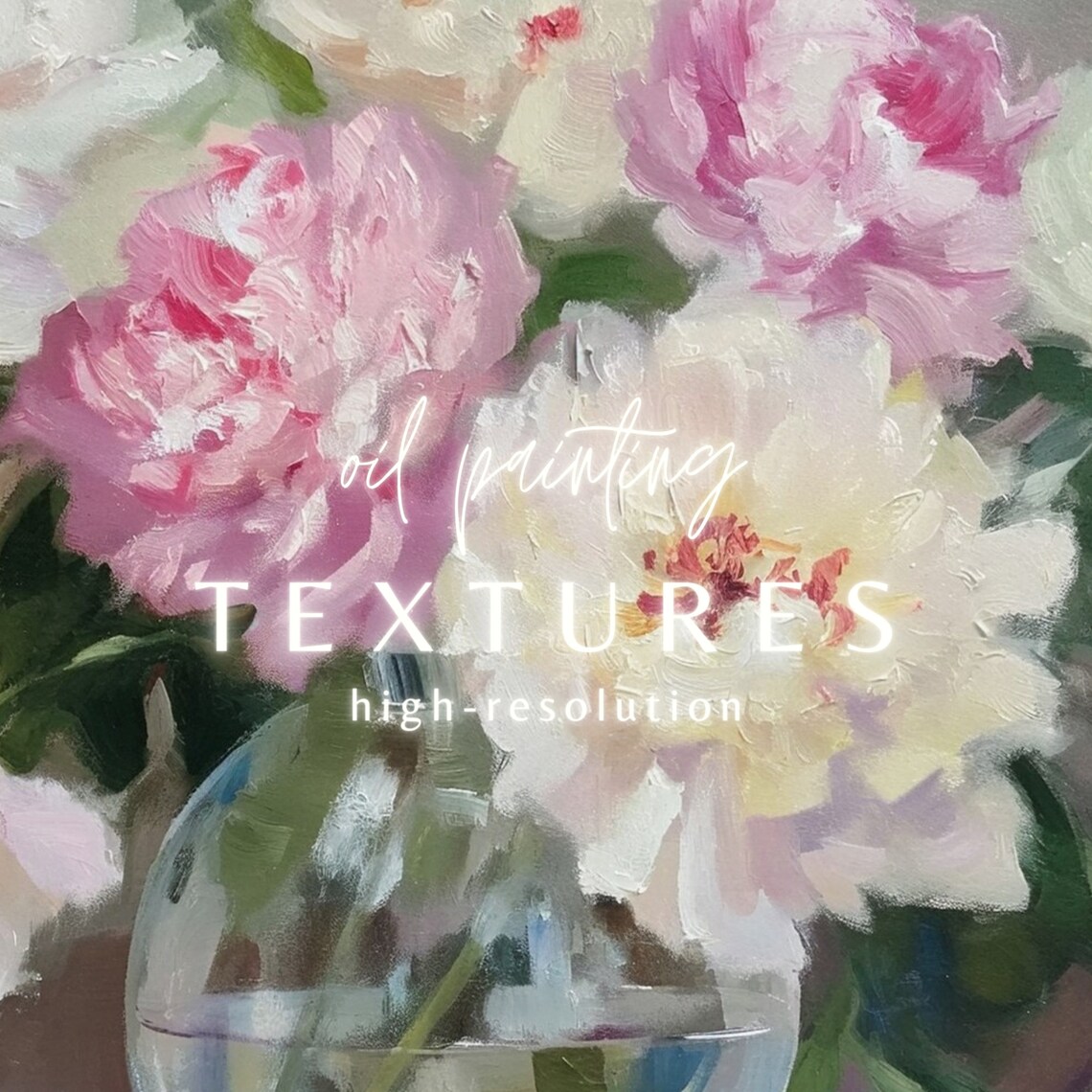 Pink White Peonies Glass Vase Vintage Floral Oil Painting Art - Image 2