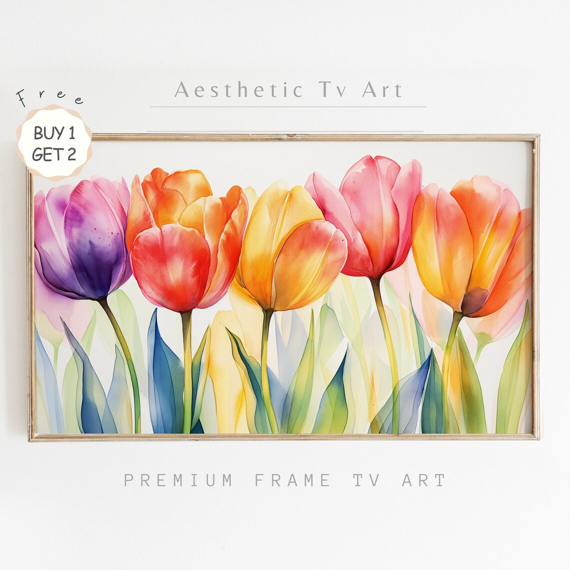 Vibrant Watercolor Tulips Rainbow Row Spring Flower Painting Poster