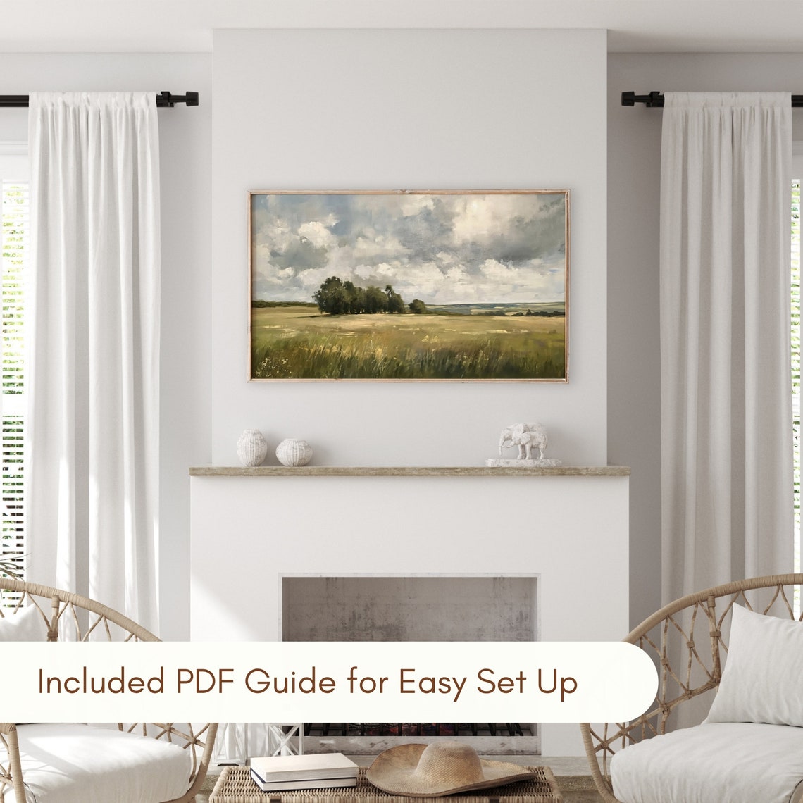 Frame Tv Art Vintage Spring Landscape Oil Painting Moody Field Landscape Country Field Painting Farmhouse Decor - Image 3