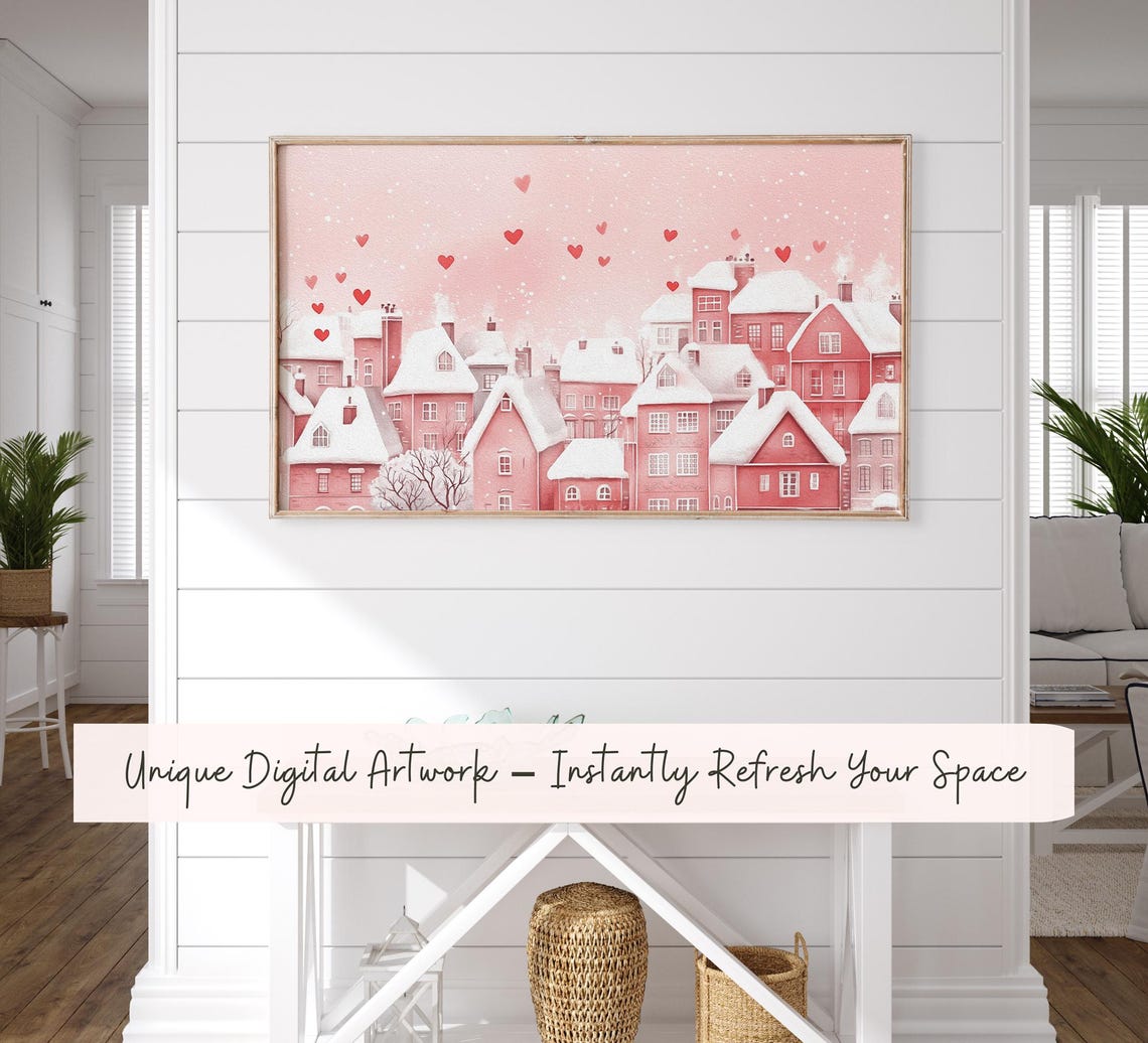 Cute Pink Valentines Village Snowy Rooftops Floating Hearts Art Poster - Image 3