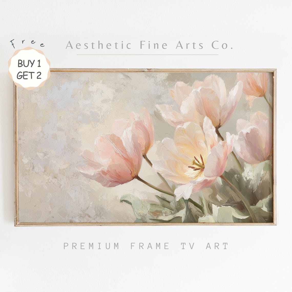 Soft Pink Tulips In Muted Beige Spring Floral Oil Painting Poster