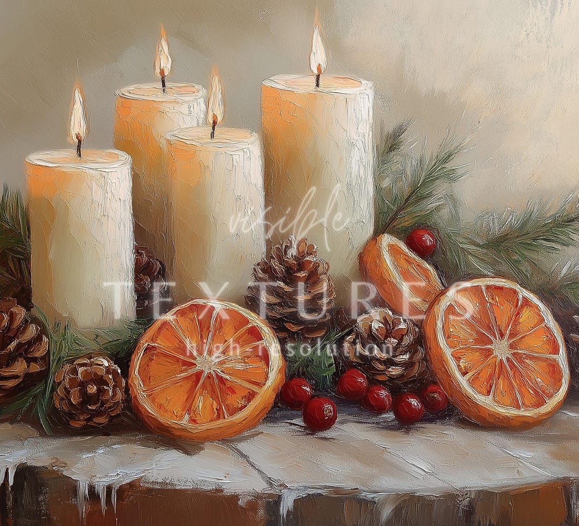 Vintage Christmas Candle Orange Pinecone Cranberry Still Life Poster - Image 3