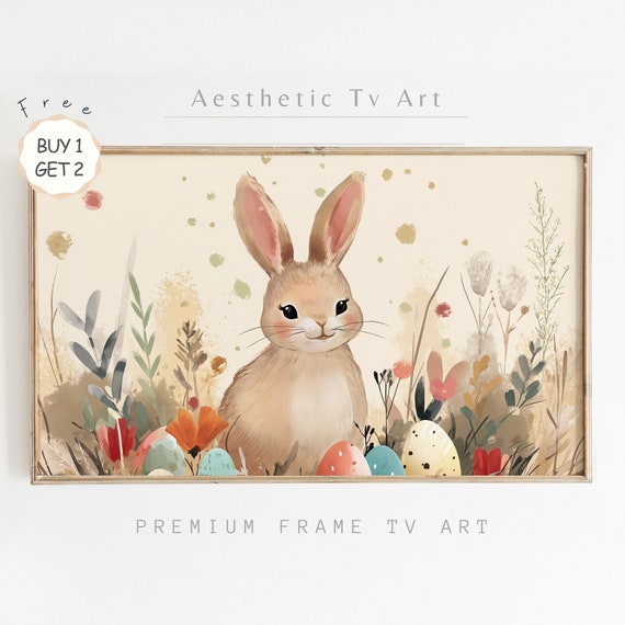 Easter Frame Tv Art Cute Easter Rabbit Watercolor Painting Spring Wildflowers Frame Tv Modern Farmhouse Decor