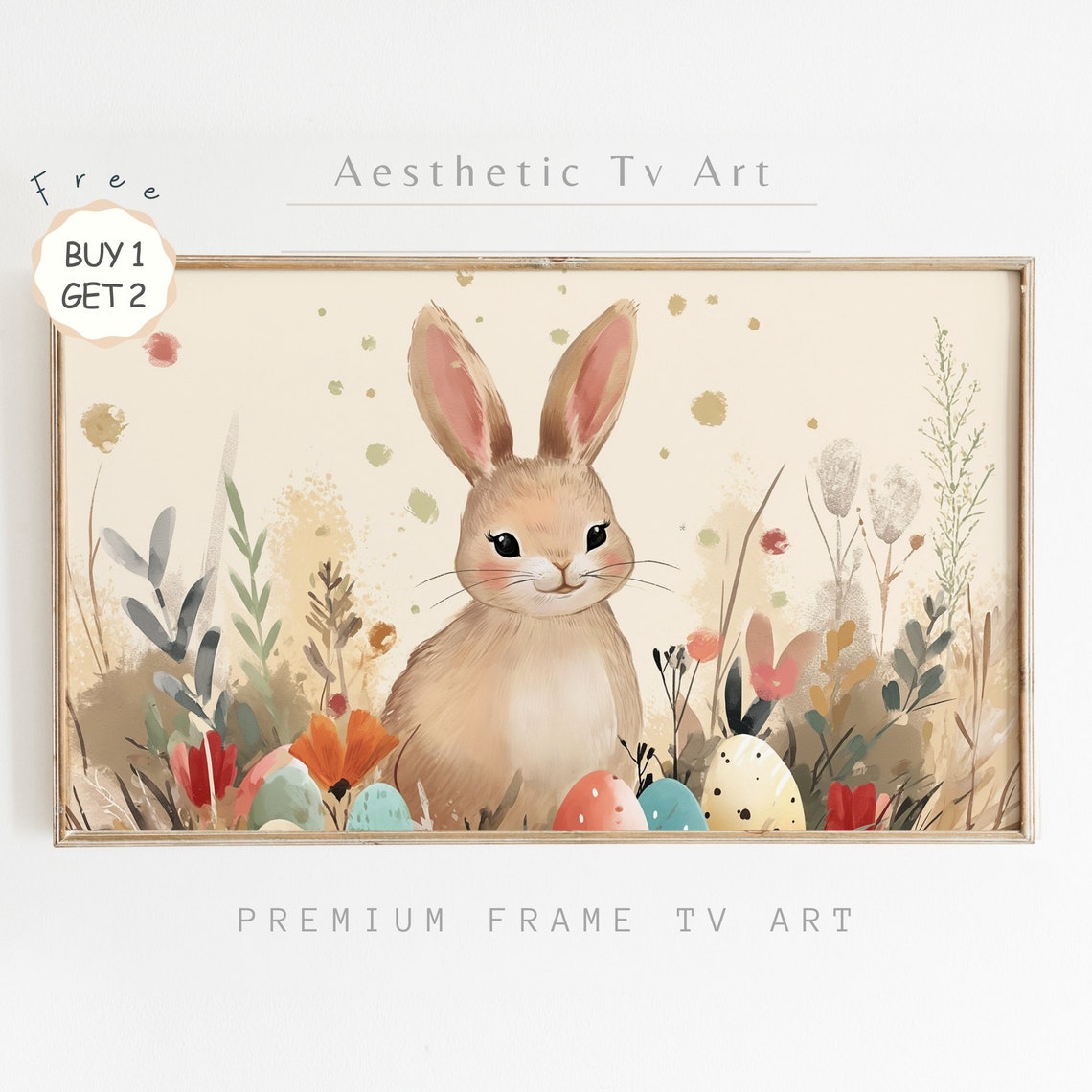 Easter Bunny Watercolor Painted Eggs Spring Flowers Cute Wall Art