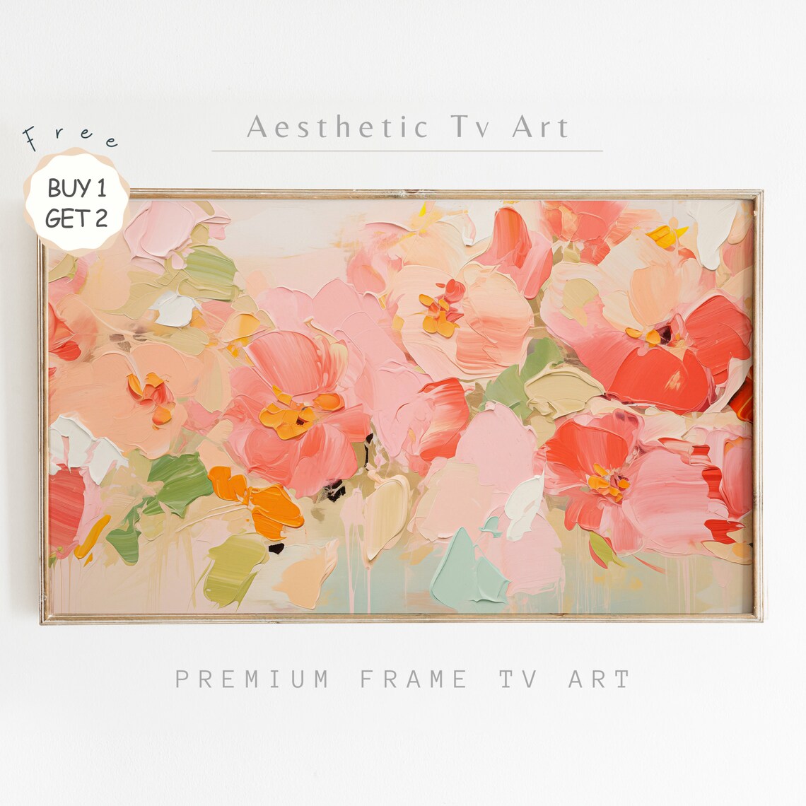 Coral Pink Floral Impasto Oil Painting Abstract Spring Blooms Wall Art