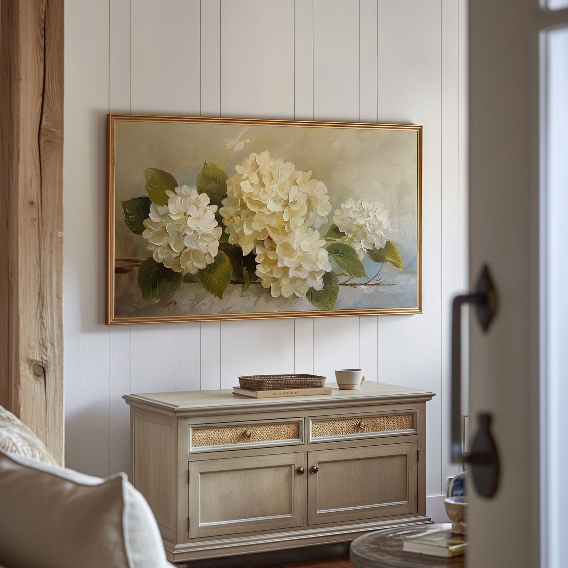 Cream Hydrangea Blossoms Vintage Style Floral Oil Painting Poster - Image 3