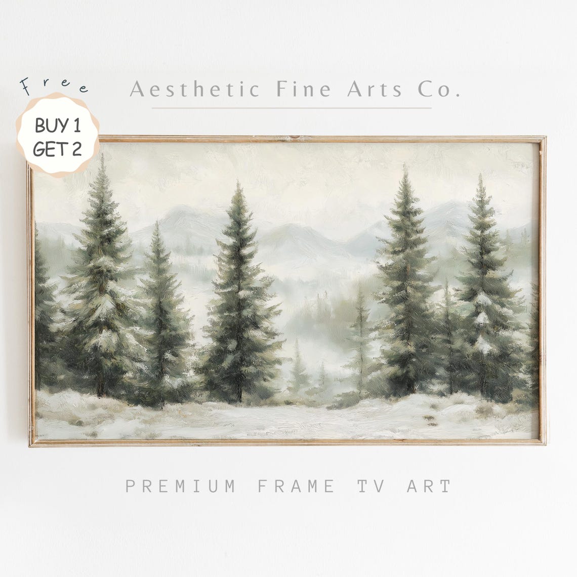 Misty Winter Pine Forest Muted Green Gray Landscape Art Print - Image 4