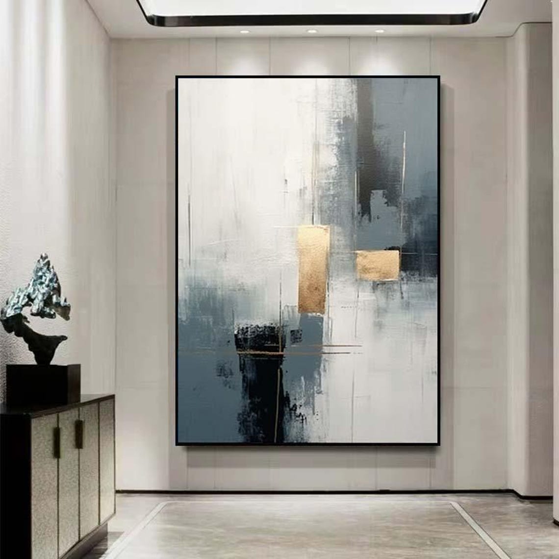 Minimalist Grey White Abstract Painting with Gold Accent Blocks Poster - Image 2