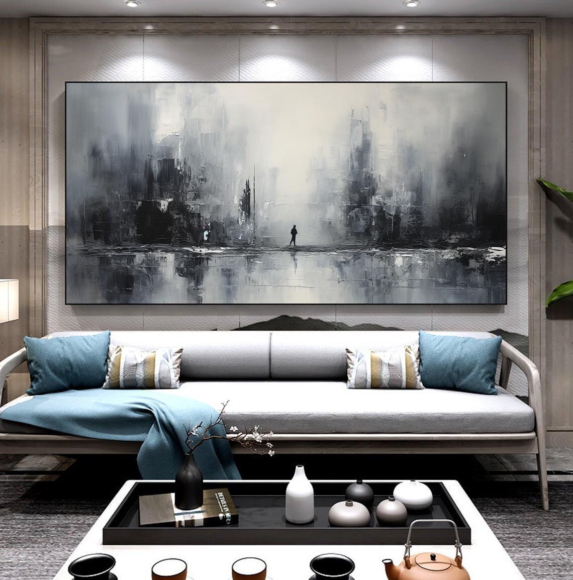 Monochrome Misty City Skyline With Lone Figure Oil Painting Poster - Image 6