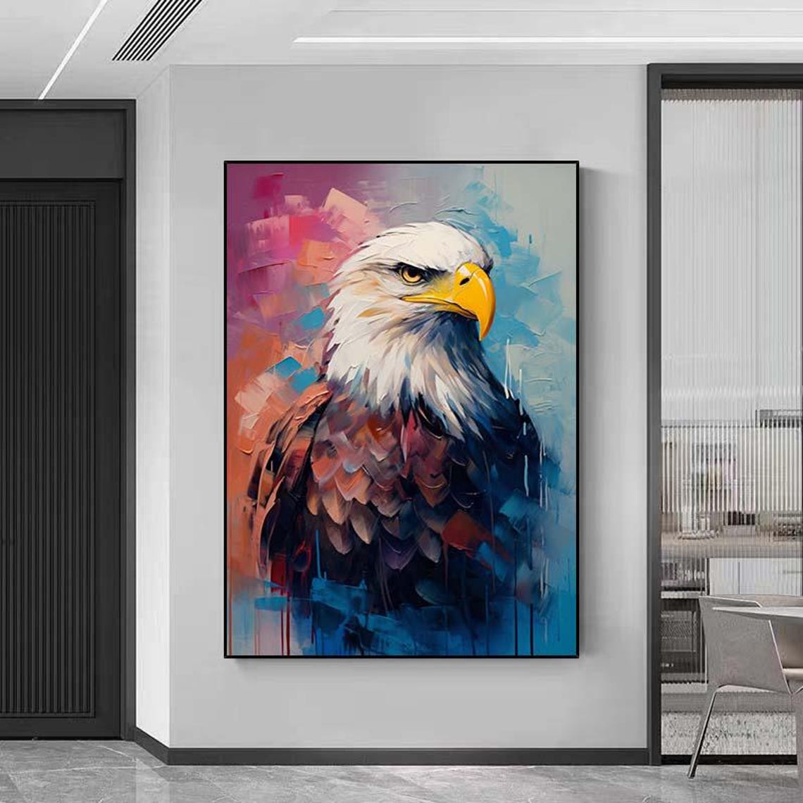 Majestic Bald Eagle Portrait Against Pink and Blue Oil Poster - Image 6
