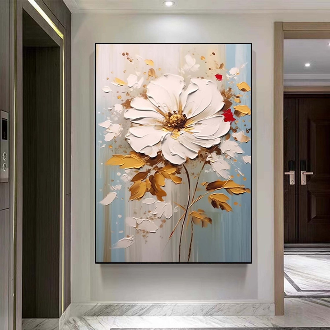 White Flower Gold Leaves Light Blue Botanical Elegant Art Poster - Image 4