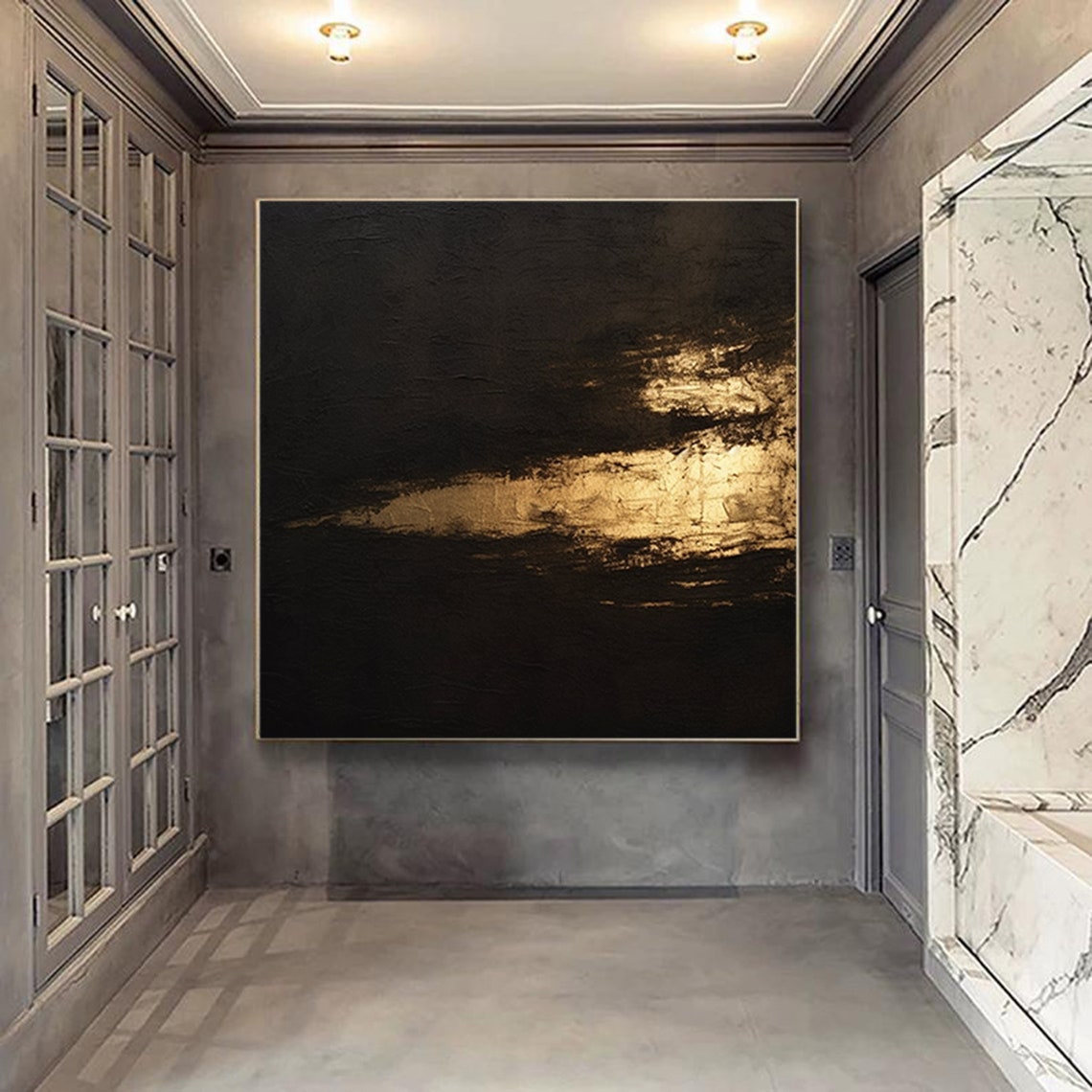 Dramatic Black and Gold Abstract Textured Oil Painting Poster - Image 5
