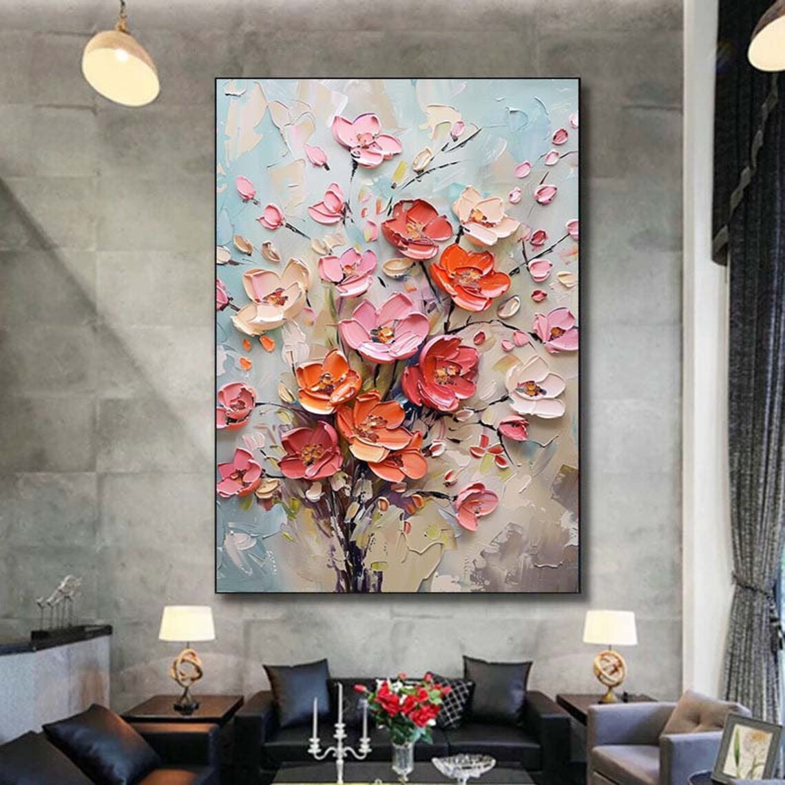 Coral Blossom Branch Pink Flowers Impasto Floral Painting Poster - Image 3