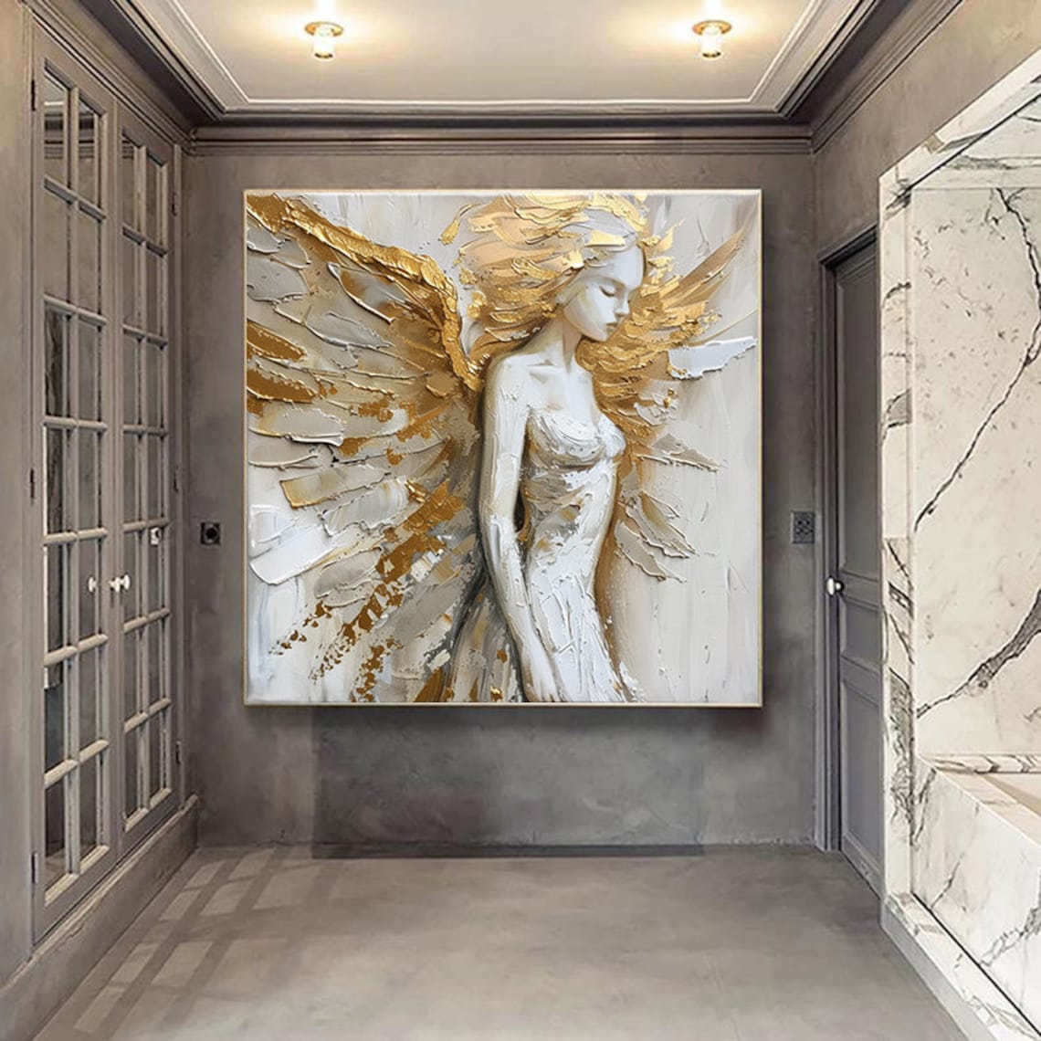 Gold Wings White Angel, Abstract Oil Painting Print - Image 3