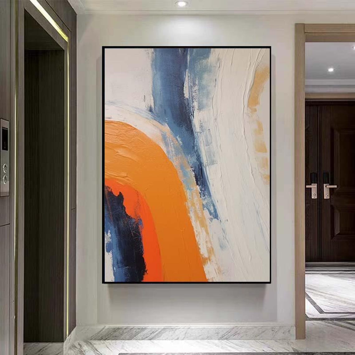 Bold Orange Rainbow Arc Abstract Sweeping Over Blue White Poster - Image 3