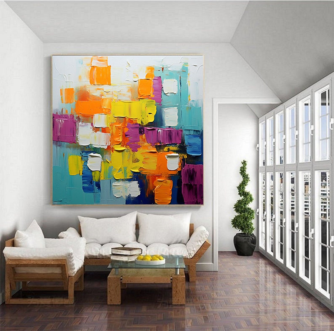 Cheerful Orange Yellow Teal Palette Knife Abstract Blocks Poster - Image 6