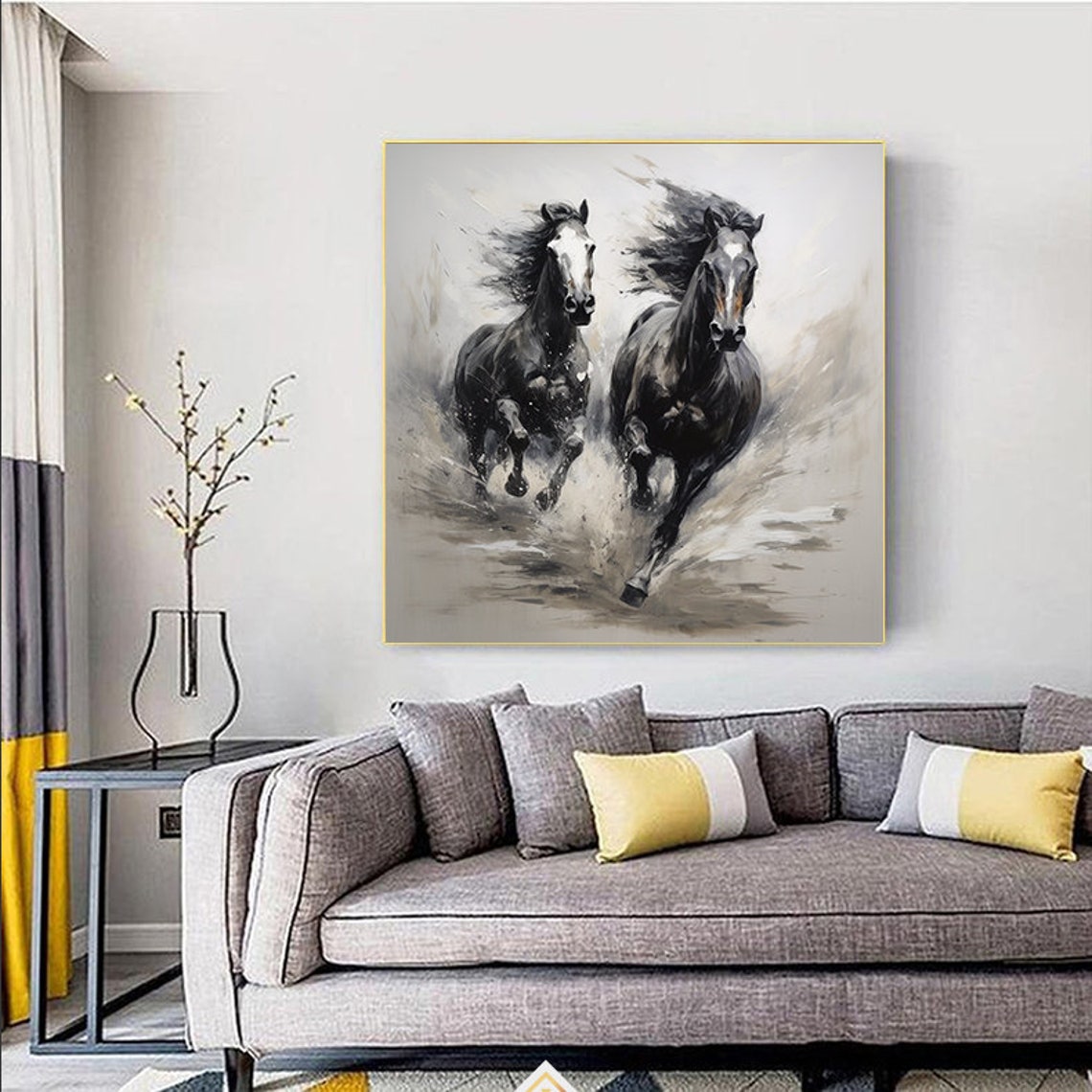 Black And White Textured Running Horses Oil Painting Horse Painting Original Animal Oil Art Wall Decor Living Room Office Wall Art - Image 3
