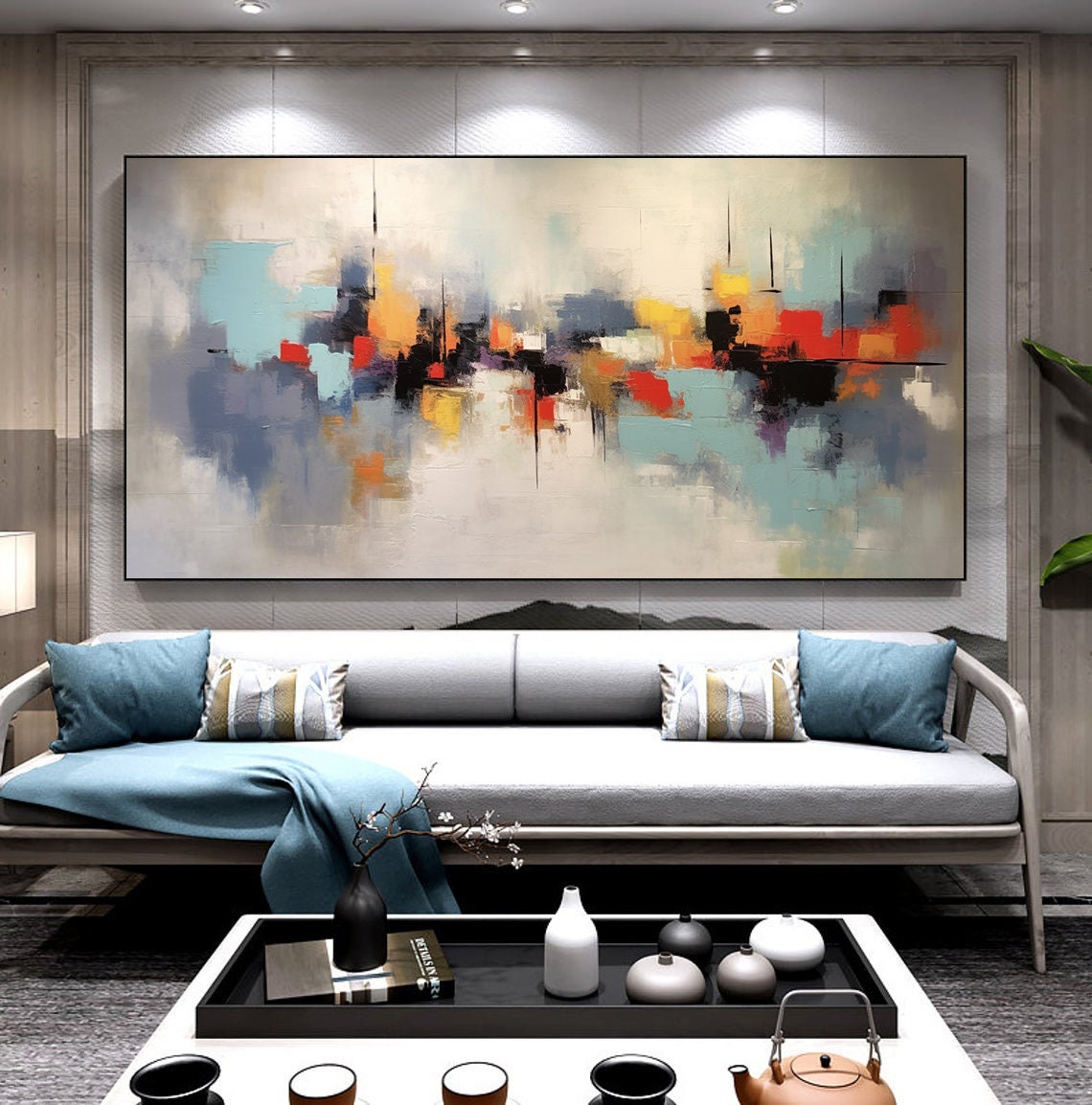 Color Block Red Teal Orange Wide Modern Abstract City Poster - Image 6