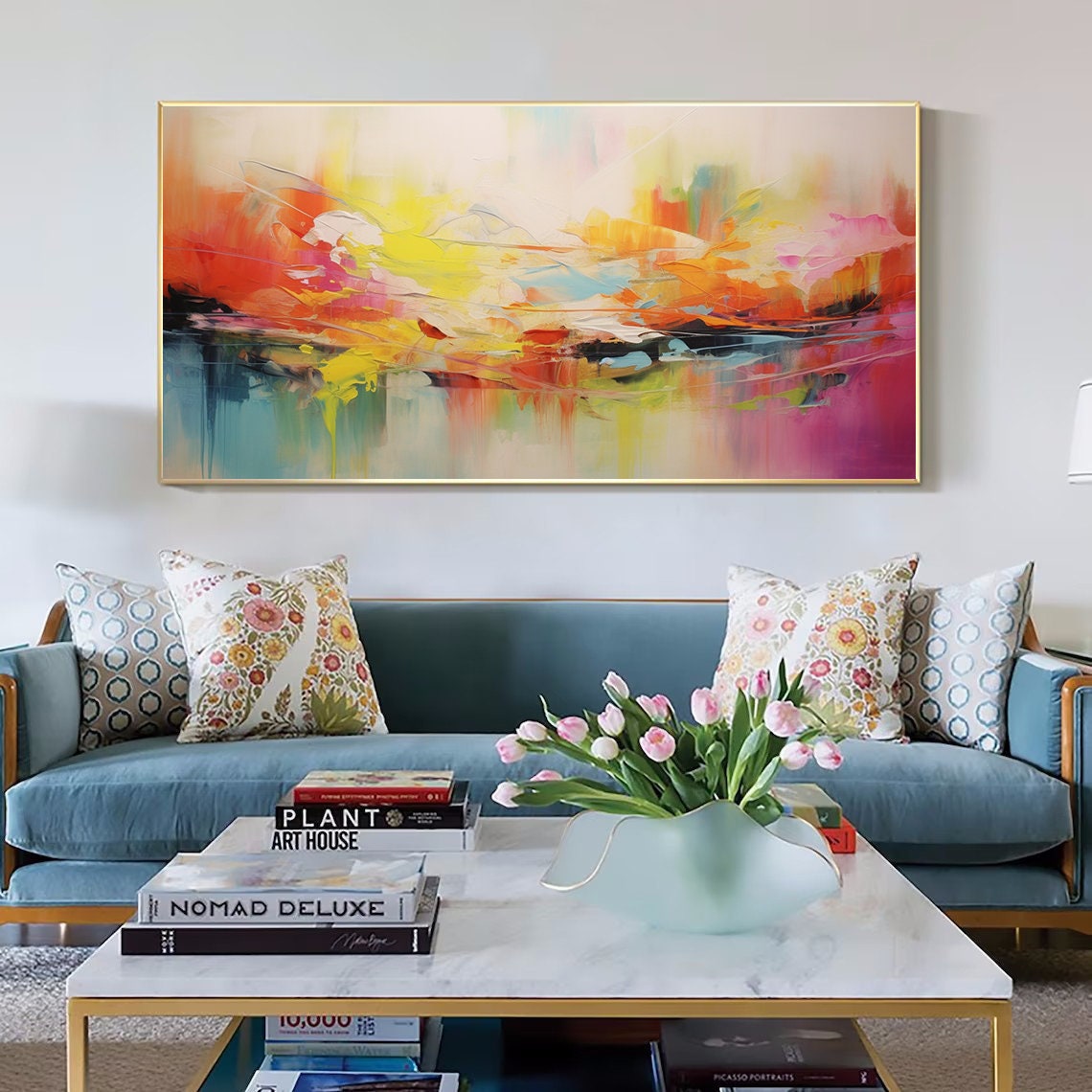 Sunrise Pastel Orange Pink Teal Wide Abstract Horizon Calm Poster - Image 3