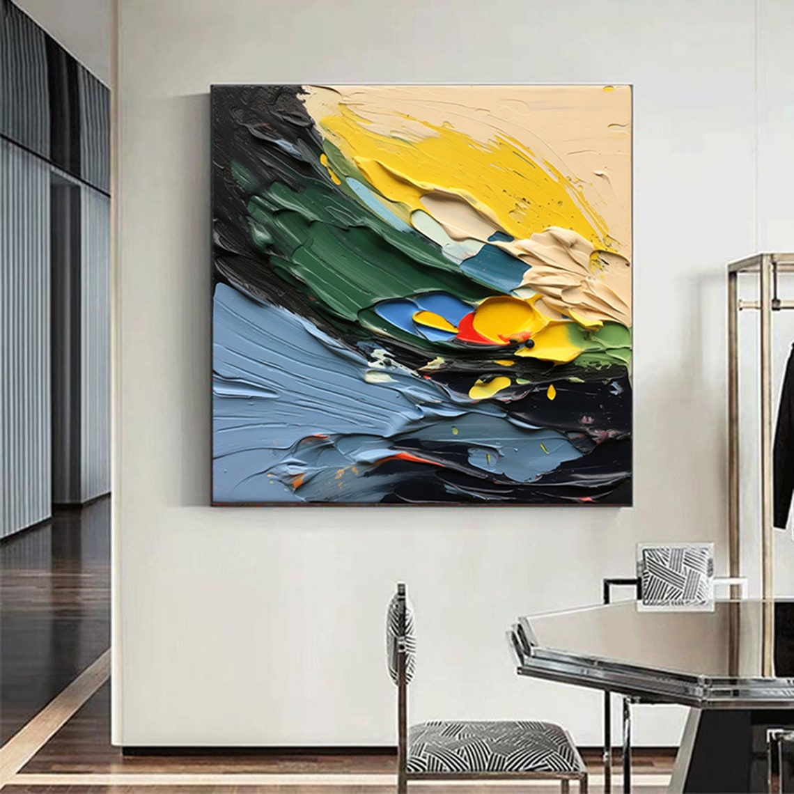 Bold Thick Impasto Abstract Waves In Green Yellow And Navy Poster - Image 6