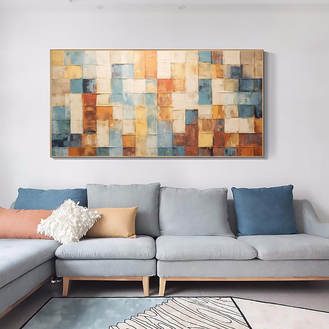 Warm Mosaic Block Grid Rust Blue Cream Horizontal Painting Poster - Image 5