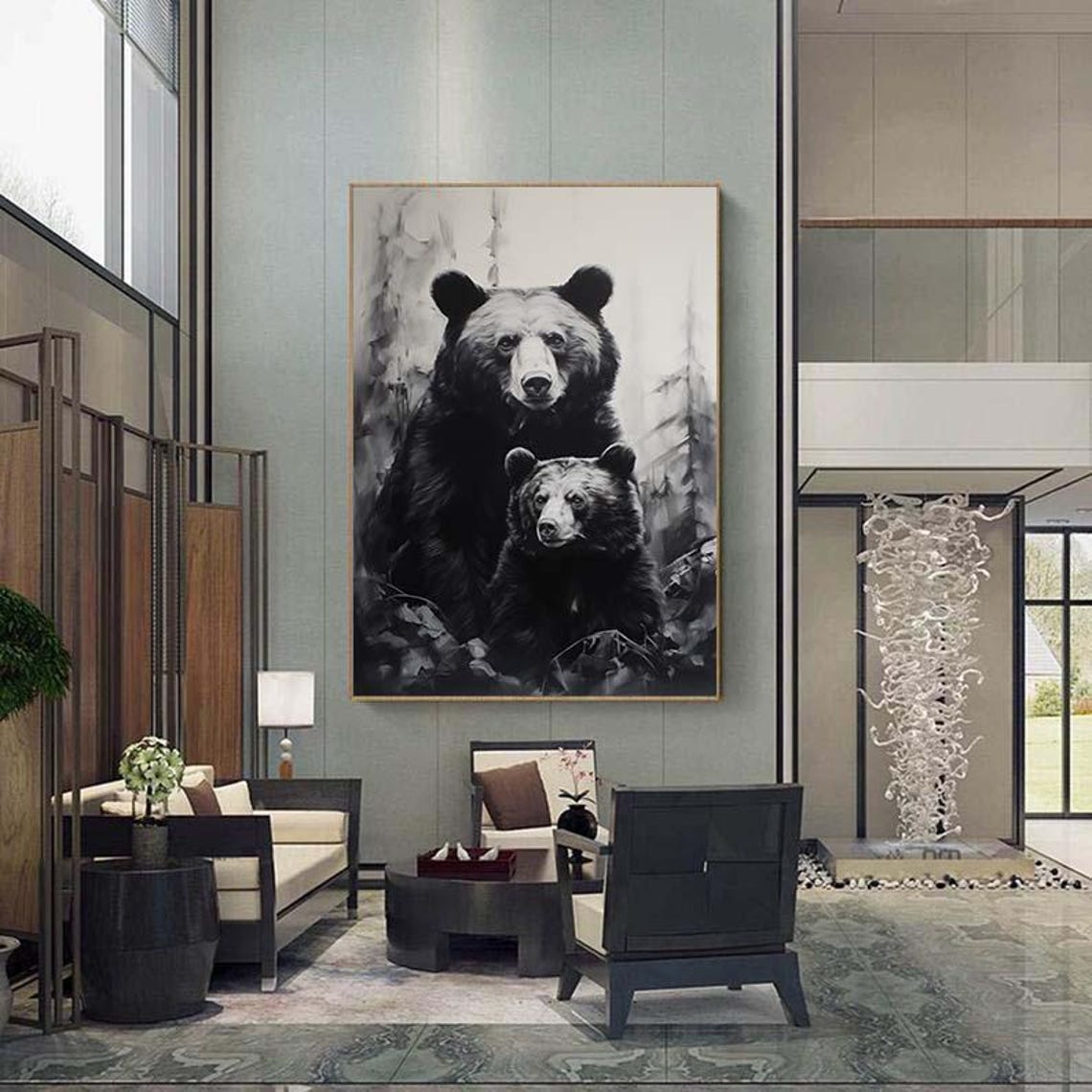 Striking Black And White Bear Mother And Cub In Forest Poster - Image 5
