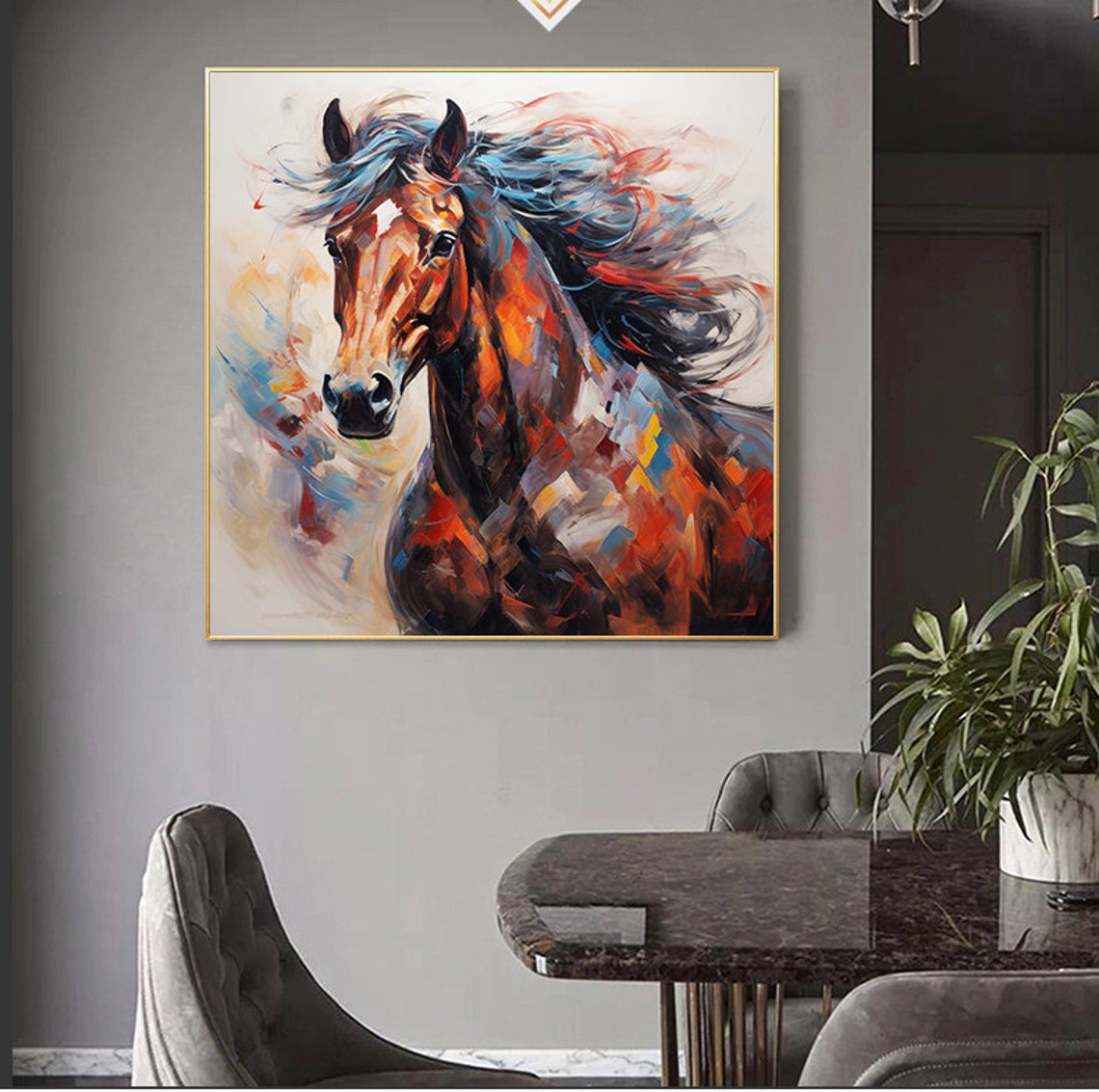 Multicolor Horse Portrait Blue Mane Abstract Oil Painting Poster - Image 6