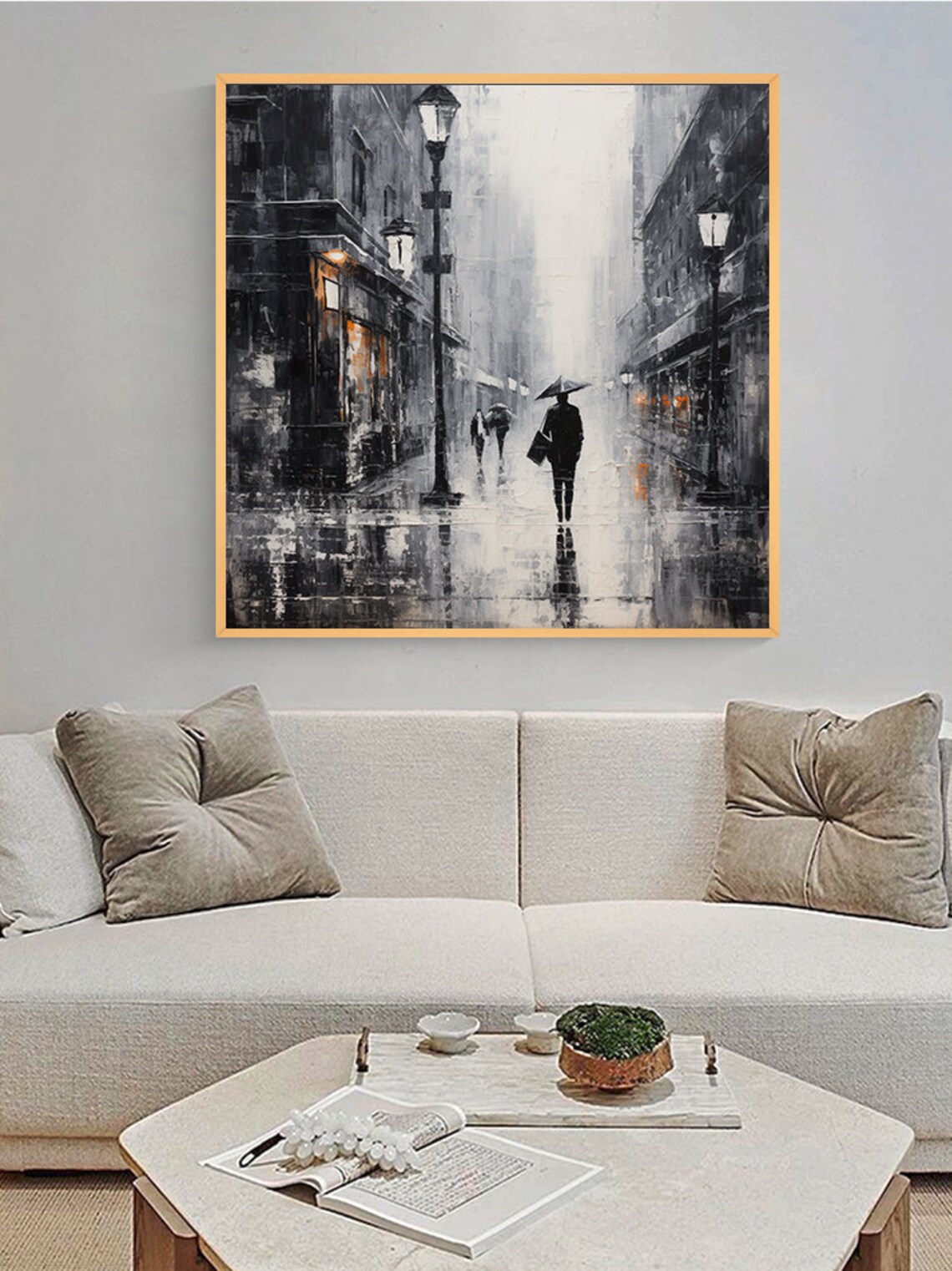 Rainy City Street Umbrella Figure Black White Monochrome City Poster - Image 5
