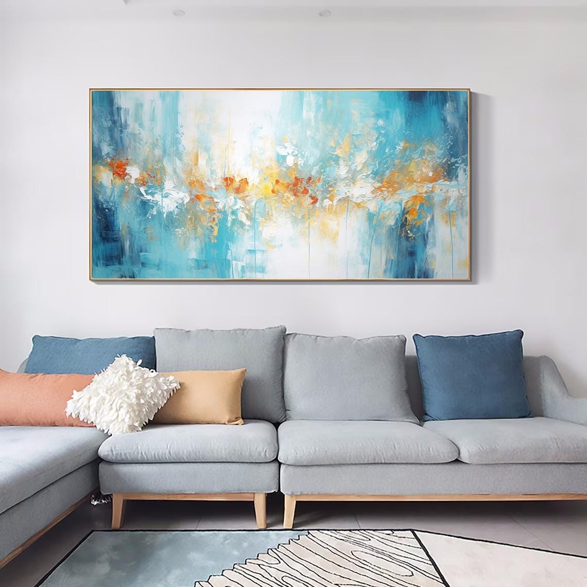Turquoise Blue Abstract Oil Painting With Golden Amber Accents Poster - Image 5