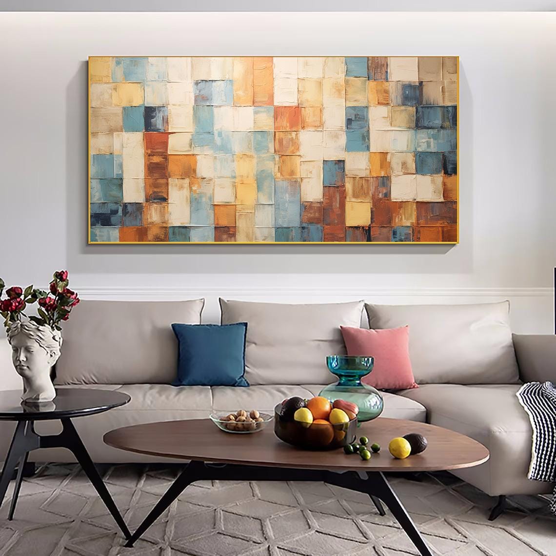 Warm Mosaic Block Grid Rust Blue Cream Horizontal Painting Poster - Image 2