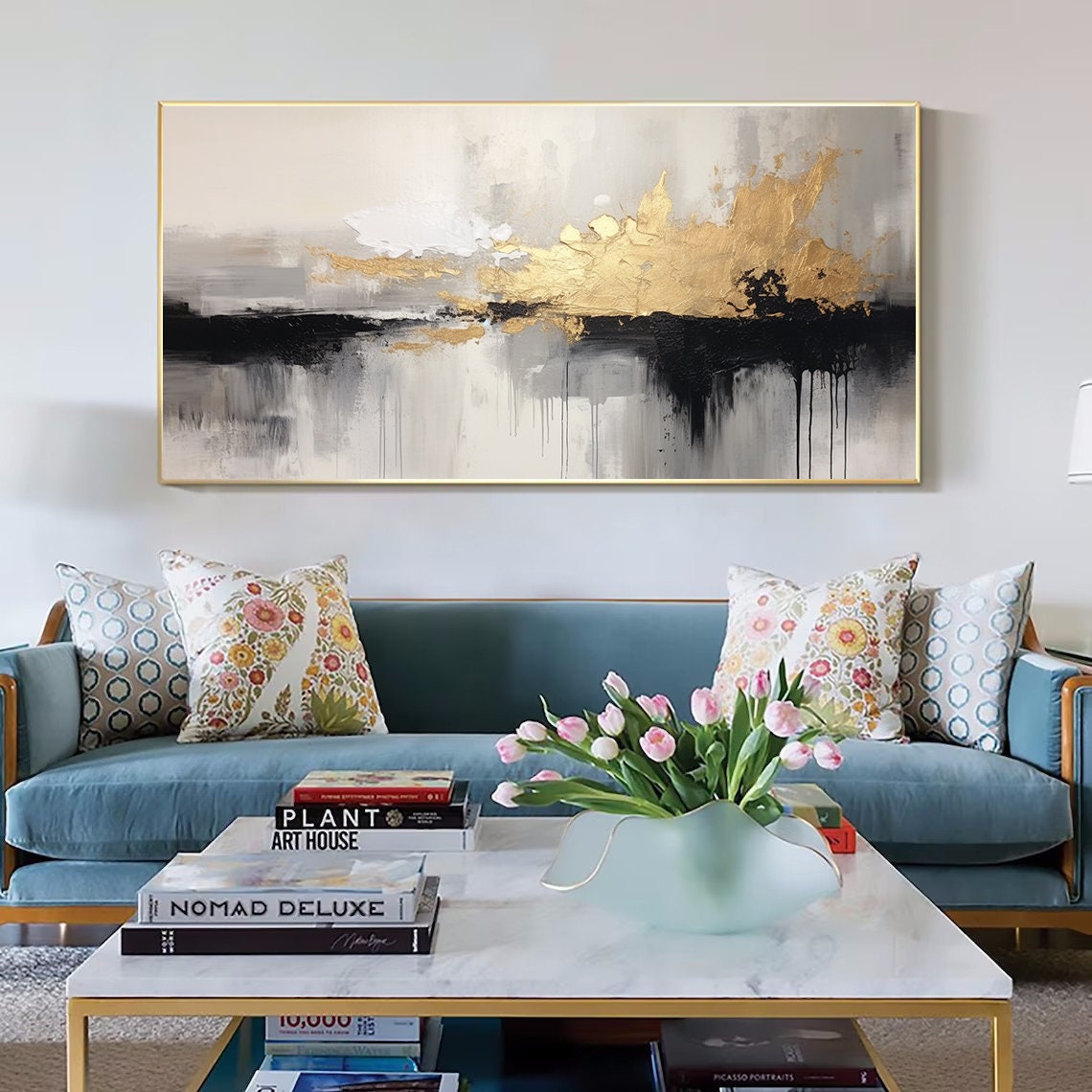 Monochrome Gold Splash Abstract Modern Art Painting Poster Extra Large - Image 5