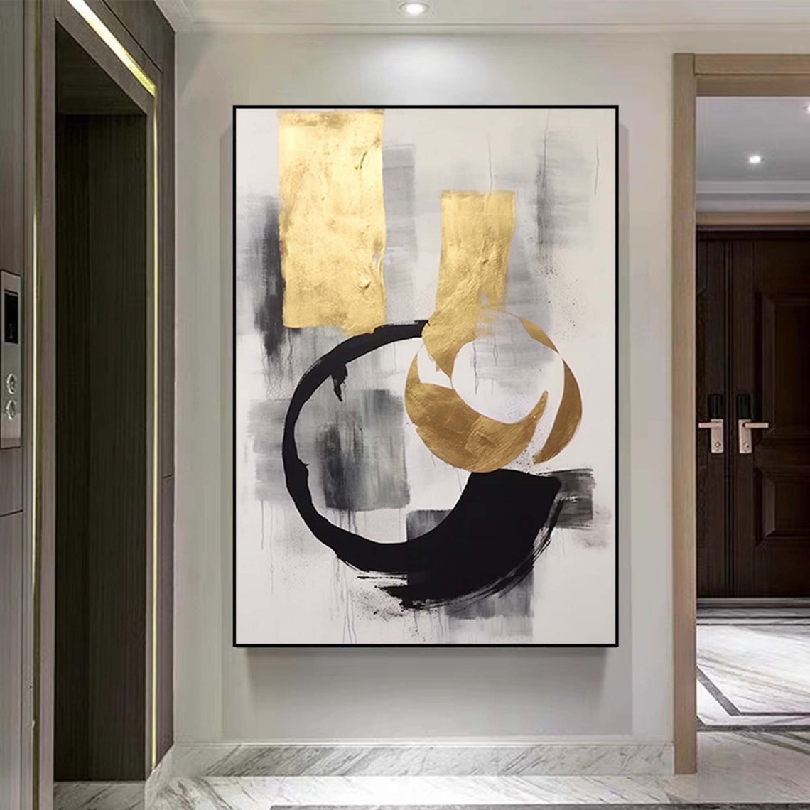 Minimal Gold Leaf And Black Brushstroke Abstract Circle Poster - Image 4