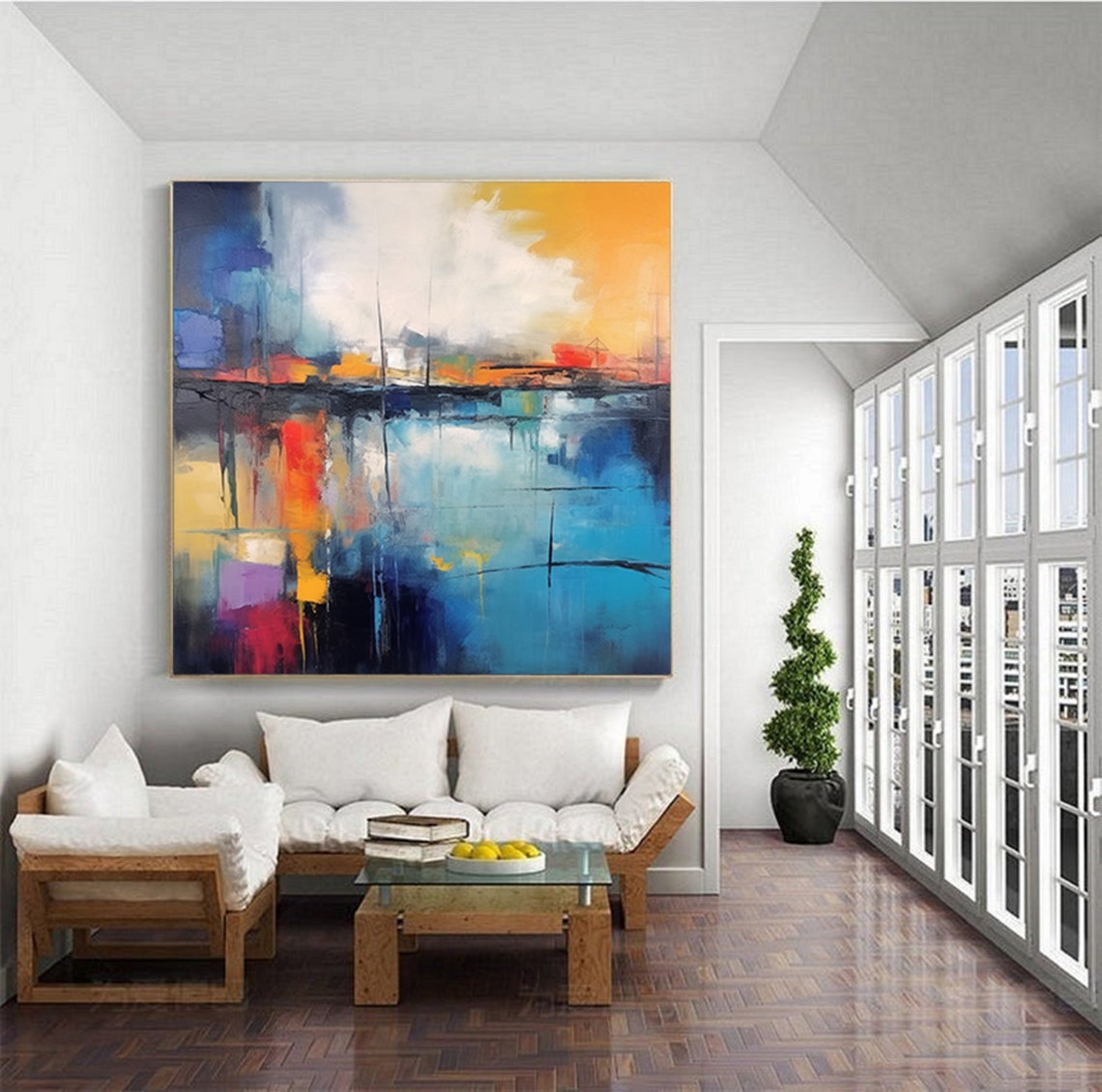 Abstract Harbor Reflection Painting In Blue Orange And Red Poster - Image 6