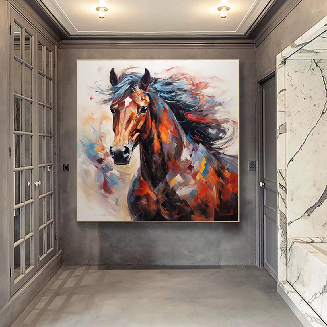 Multicolor Horse Portrait Blue Mane Abstract Oil Painting Poster - Image 2