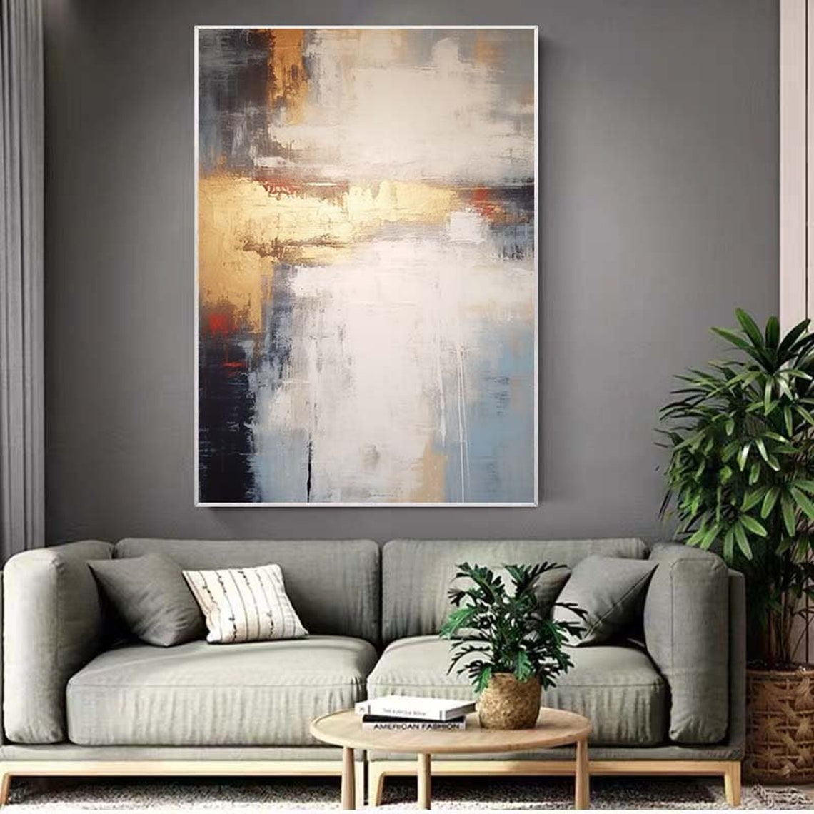 Gold White Slate Blue Textured Abstract Vertical Gallery Wall Poster - Image 3