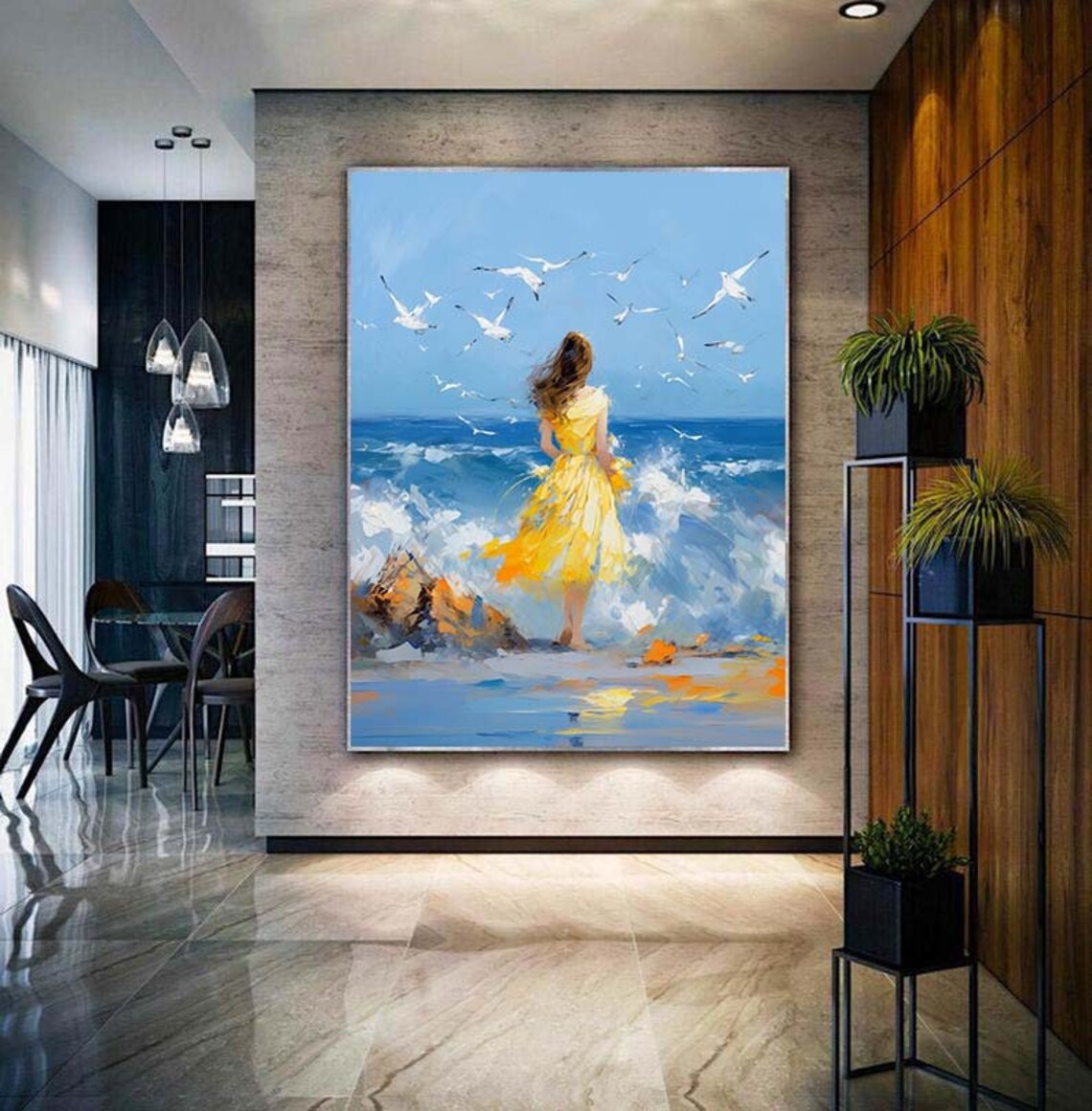 Woman in Yellow Dress Beach Seagulls Oil Painting Summer Poster - Image 4