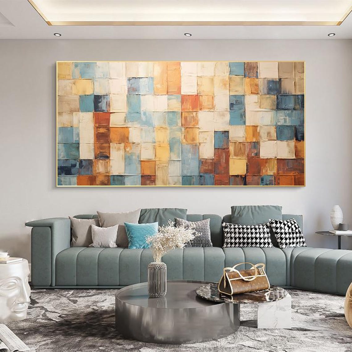 Warm Mosaic Block Grid Rust Blue Cream Horizontal Painting Poster - Image 7