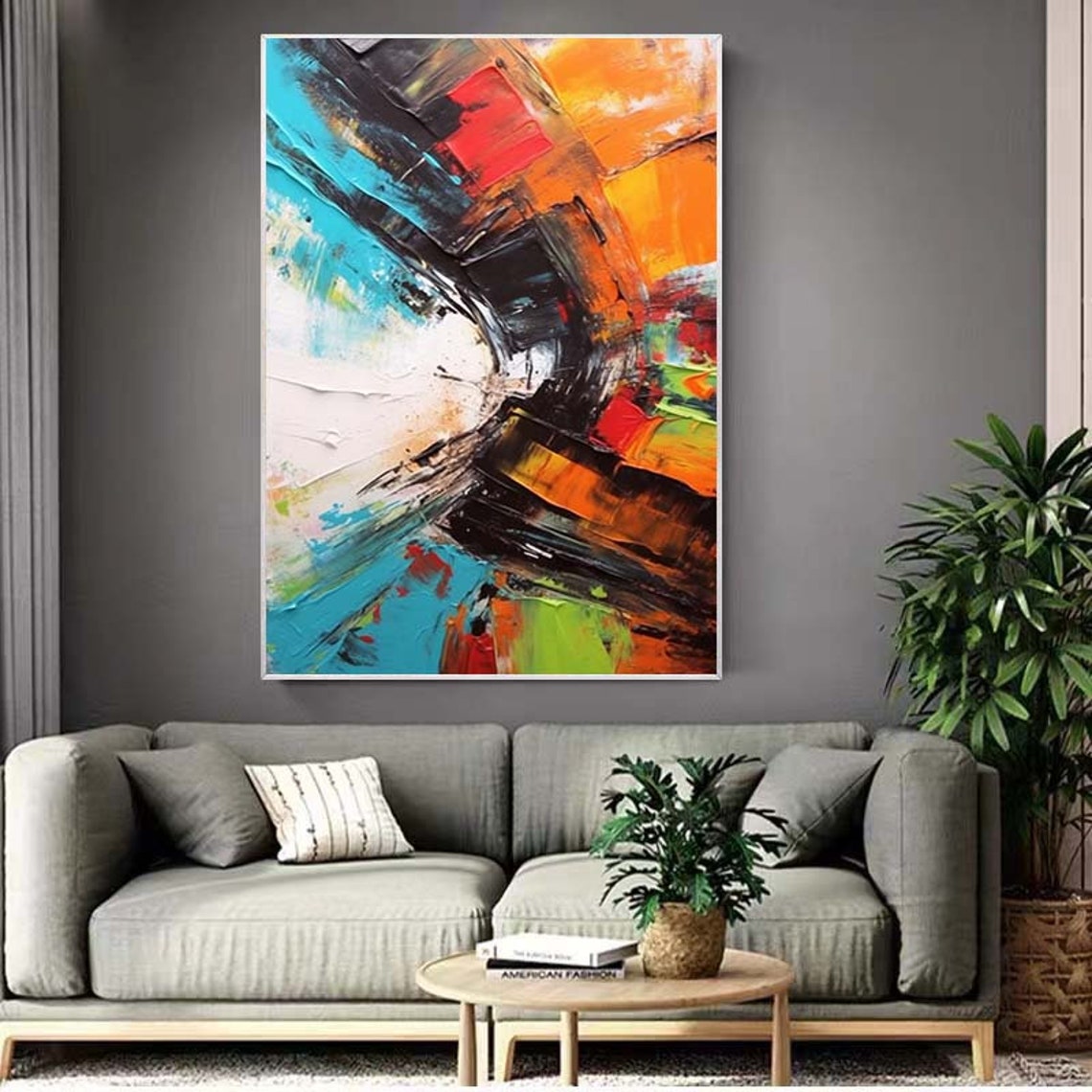 Bold Color Arc Turquoise Orange Black Impasto Curve Art Poster - Image 3